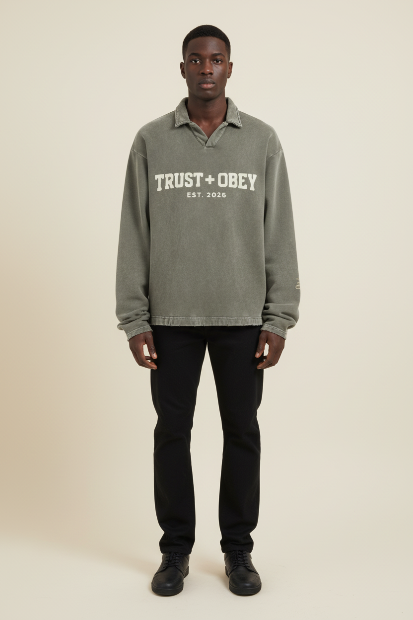 Varsity Distressed French Terry Collared Shirt (Oversized / Unisex)