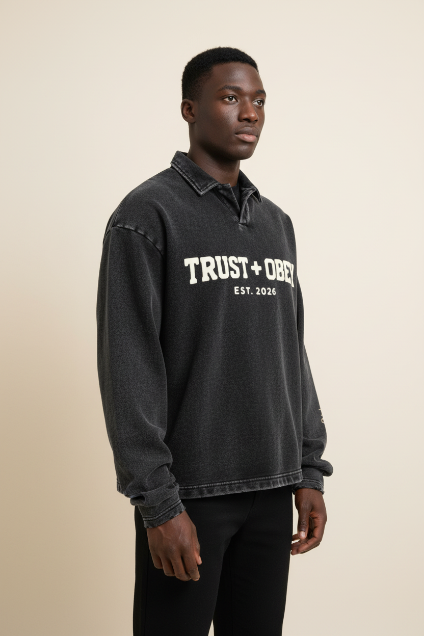 Varsity Distressed French Terry Collared Shirt (Oversized / Unisex)