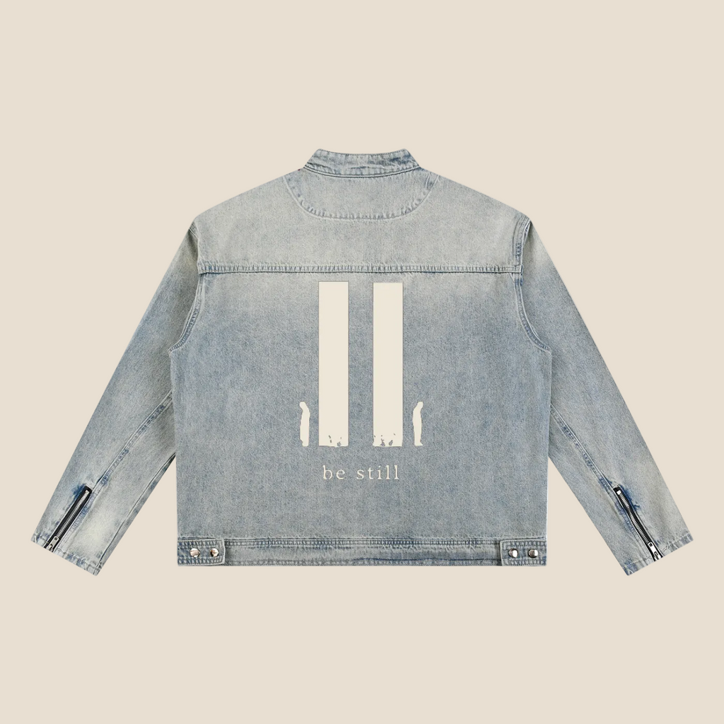 Be Still Vintage Wash Zip Denim Jacket (Oversized / Unisex)